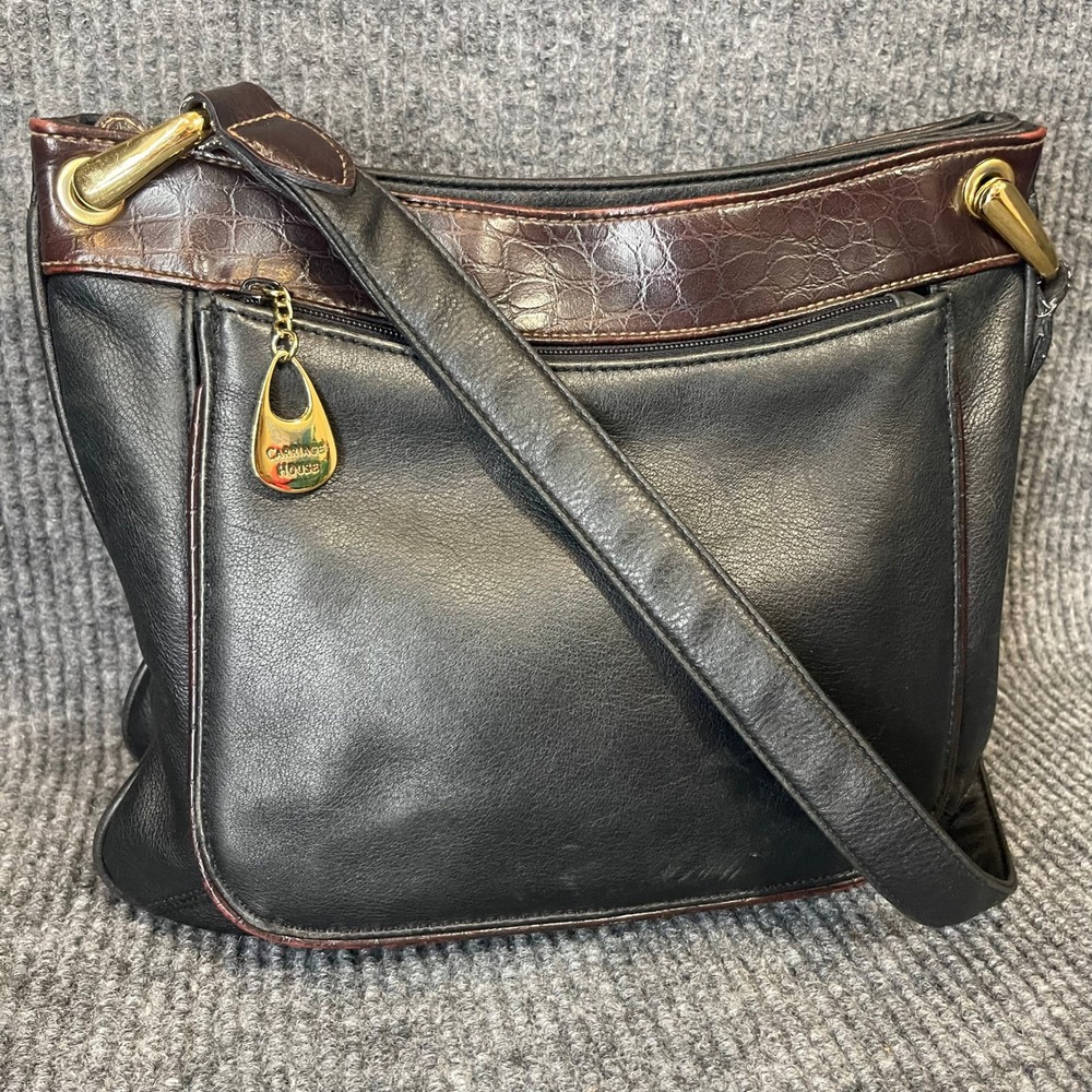Carriage House Shoulder Bag Black Brown Croc Trim 90s Minimalist Leather Vintage